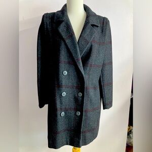 Wool Blend Coat, Women’s M*, Charcoal Gray/Red, Plaid, Dbl Breast, by Alorna